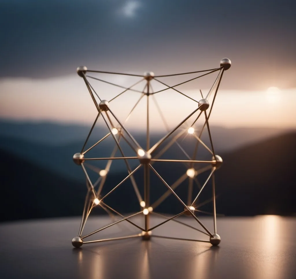 A tensegrity structure: rigid struts suspended in a continuous web of fine tension lines.